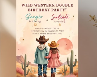 Western Siblings Invitation, Editable Cowboy Cowgirl Birthday Invite, Joint Party (Digital Download) CI