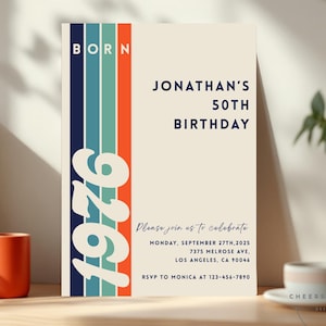 May include: A cream-colored birthday invitation with the text "BORN 1976" and "JONATHAN'S 50TH BIRTHDAY." The design includes vertical stripes in navy, teal, and orange. Additional text provides event details, including the date, location, and RSVP information.
