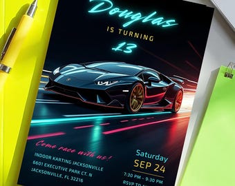 Speed Car Invite, Editable Birthday Invitation, Neon Race Car Theme, Digital Download, Instant Access Template