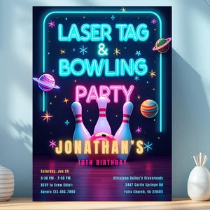 Laser Tag Bowling Birthday Invitation, Glow Laser Tag Invite, Neon Bowling Party, Arcade Birthday Party, Gaming Party, Digital Download