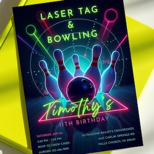 Laser Tag Bowling Birthday Invitation, Glow Laser Tag Invite, Neon Bowling Party, Arcade Birthday Party, Gaming Party, Digital Download