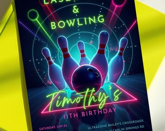 Editable Birthday Invitation Digital Product: Neon Laser Tag Bowling Arcade Party Invite, Gamer Birthday, Printable Template