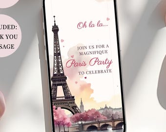 Animated Invitations Paris, Digital Download Birthday Video Invite + Thank You message, Editable Eiffel Tower Party Invitation, Glamorous PA