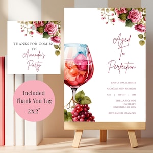 Editable Aged to Perfection Invitation, Wine Birthday Invitation, Winery Invitation, Fine Like Wine, Floral, Printable or Text Invite