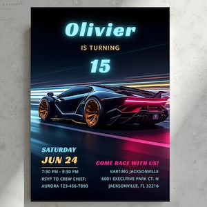May include: A black and blue birthday invitation featuring a sports car with gold rims. The invitation reads "Olivier is turning 15" with event details including the date, time, and location: Karting Jacksonville.