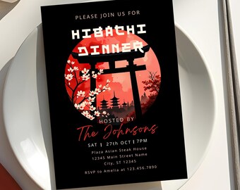Hibachi Birthday Invitation, Japanese Theme, Torii Gate, Cherry Blossom (Digital Download)