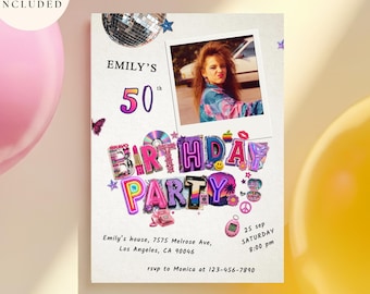 50th Birthday Invitation, Women's Retro '90s Party Photo Evite (Digital Download)
