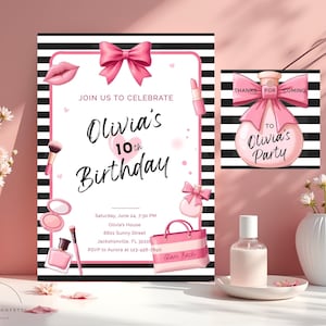Puede incluir: Una invitación rosa y negra para la fiesta de cumpleaños número 10 de Olivia. La invitación presenta un lazo rosa, lápiz labial y un bolso. El texto dice "Únete a nosotros para celebrar el décimo cumpleaños de Olivia". Una tarjeta más pequeña dice "Gracias por venir a la fiesta de Olivia".