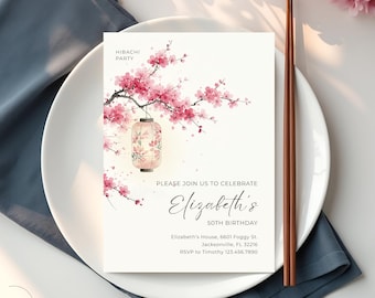 Hibachi Party Invitation, Cherry Blossom Birthday Dinner Invite, Pink Sushi Party, Asian Birthday, Canva Template, Girls Invite, Sakura HP4