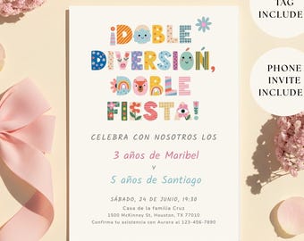 Spanish Siblings Birthday Invitation, Double Celebration, Twin Invite, Invitación de cumpleaños para hermanos (Digital Download)