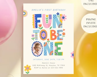 Fun To Be One Birthday Invitation Template, Whimsy 1st Birthday Evite (Digital Download)