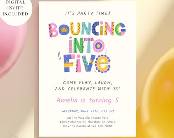 Trampoline Park Birthday Invitation For Girls, Bounce House Party Invite, Editable Digital Jump Celebration, 5th Birthday (Digital Download)