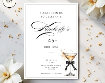 Invitación de cumpleaños con Martini, invitación digital editable para cóctel de moño, plantilla imprimible para fiesta de coqueta de 30 años, Tini Bit Older, Espresso MB