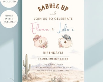 Sibling Birthday Invitation, Editable Cowboy Cowgirl Joint Birthday Party Template, Boy Girl Party, Brother Sister  (Digital Download)