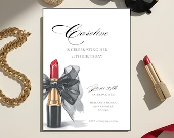 Invito di compleanno con rossetto rosso e fiocco nero, parigino, moda, cena elegante, traguardo glamour, festa dei cosmetici, 30° anniversario