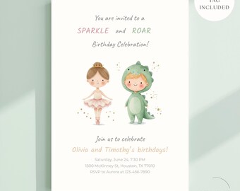 Sparkle And Roar Birthday Invite, Ballerina And Dinosaur, Editable Dino Party Supplies For Brother And Sister, T-rex and Tutus