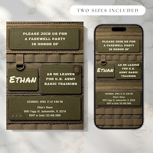 May include: A farewell party invitation template featuring an olive green tactical vest background with hook-and-loop patches. The text reads: Please join us for a farewell party in honour of Ethan as he leaves for U.S. Army basic training, Saturday, April 27 at 4:00 PM, Ethan's House, 6601 Foggy St. Jacksonville, FL 32216, RSVP to Emily 123.456.7890.