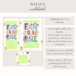 Fun To Be One Photo Invite Girl with modern rainbow design and editable layout, perfect as a baby photo invite and colorful invitation for first birthday celebrations, including thank you tag and phone invite.