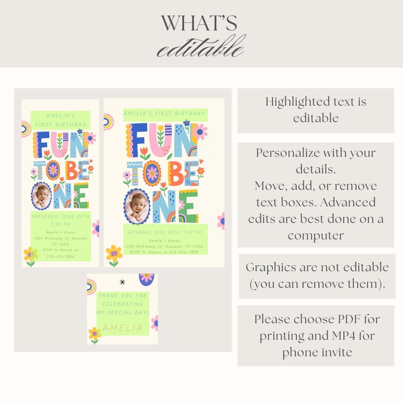 Fun To Be One Photo Invite Girl with modern rainbow design and editable layout, perfect as a baby photo invite and colorful invitation for first birthday celebrations, including thank you tag and phone invite.