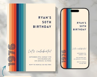 Retro 1976 50th Birthday Invitation, Customizable Vintage Party Invite, Customizable To Any Age, Born in 1976, 1974, FD2
