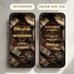 Peut inclure: Deux écrans de smartphone affichant des designs numériques. L'un affiche "This is not an invitation, it's a warning" sur un fond léopard, de l'argent et un pistolet. L'autre dit "This wasn't a party, it was a takeover. Thank you, Olivia."