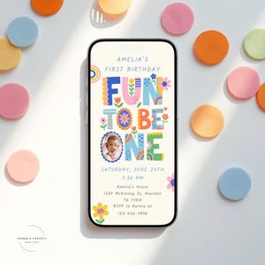 One is fun birthday invitation template for girls with custom baby photo, colorful invitation layout, editable first birthday invite with photo, and matching thank you tag included for a complete party stationery set.