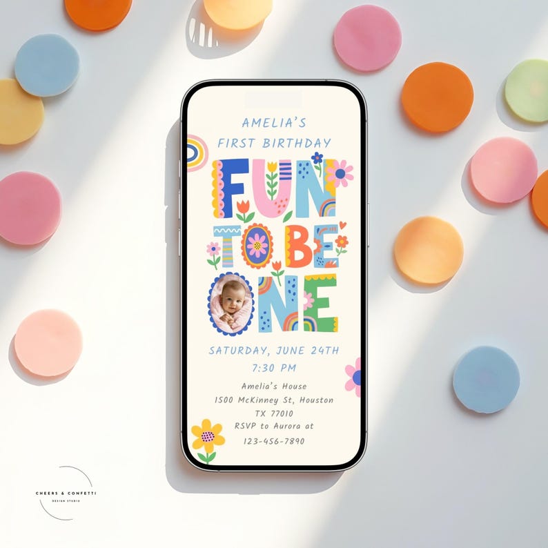 One is fun birthday invitation template for girls with custom baby photo, colorful invitation layout, editable first birthday invite with photo, and matching thank you tag included for a complete party stationery set.