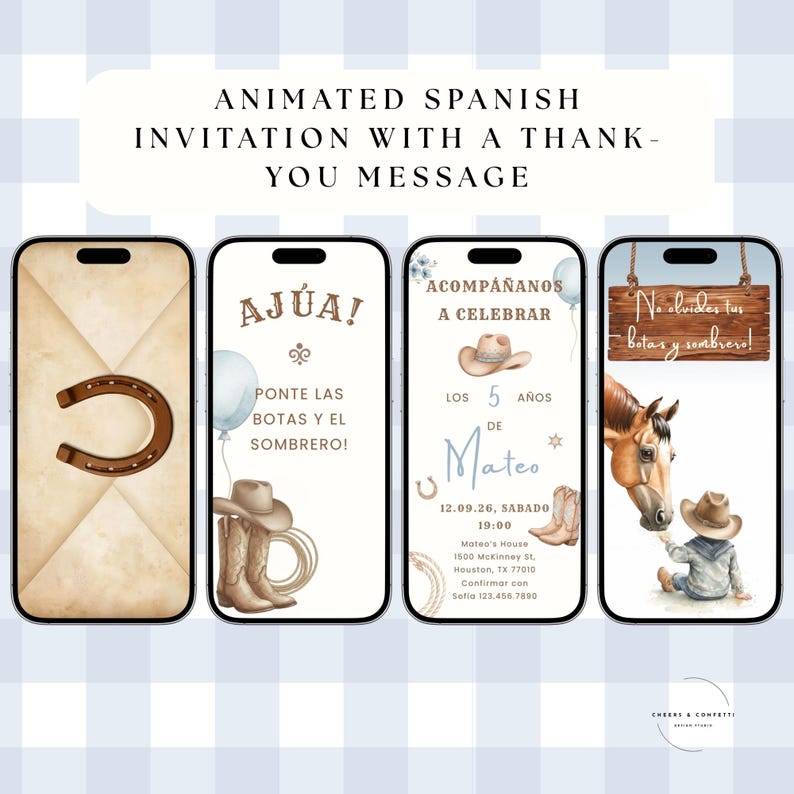 Spanish Cowboy First Rodeo Invitation designed as a western-style first birthday rodeo invite, perfect for a Mexican cowboy themed celebration and a fun “my first rodeo” birthday party invite