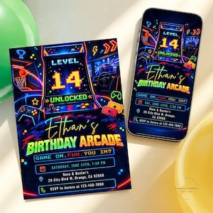 Puede incluir: Una tarjeta de invitación de cumpleaños rectangular y un teléfono inteligente que muestra una invitación digital a juego. Ambos presentan un tema de arcade de neón con el texto Level 14 Unlocked, Ethan's Birthday Arcade y los detalles del evento.