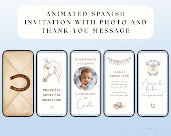 Spanish Cowboy First Rodeo Birthday Invitation, Animated Photo Invite for Boy (Digital Download)