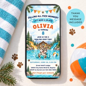 Puede incluir: Una invitación de cumpleaños digital en la pantalla de un teléfono con una ilustración en acuarela de un cachorro de lobo en una piscina con toboganes, pinos y un albergue. El texto incluye: CALLING ALL PACK MEMBERS! OLIVIA IS TURNING 8.