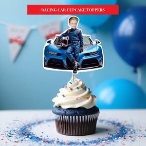 Personalized Race Car Photo Cupcake Toppers: Funny Birthday Party Decor (Digital Download