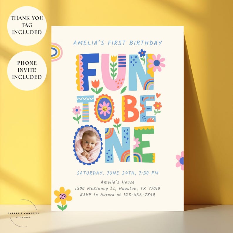 Fun To Be One Photo Invite for Girls with editable drag and drop photo area, rainbow themed colorful invitation, fun to be one invite with photo, phone invite included, and matching thank you tag for birthday favors.