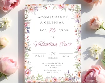 Invitación floral de 70 cumpleaños en español, Plantilla editable para Fiesta Sorpresa, Descarga digital, Invitación de cumpleaños para mujeres SF