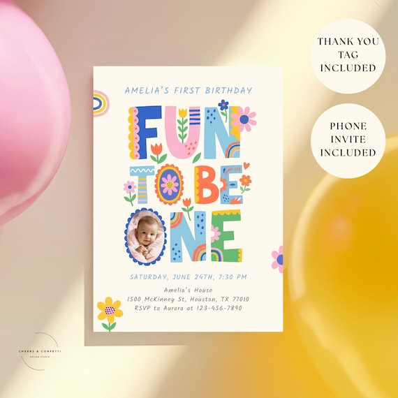 Fun To Be One Birthday Invitation Template, Whimsy 1st Birthday Evite (Digital Download)