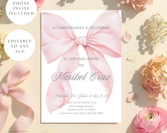 Spanish Fiesta Birthday Invitation, Pink Bow Mexican Invite, Any Age, Invitación de cumpleaños para una niña (Digital Download)