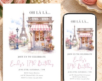 Paris Theme Birthday Invite With Eiffel Tower Digital, French Invitation, Parisienne Party Evite (Digital Download) PA