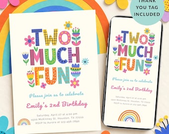 Second Birthday Invitation, Two Much Fun Girl, Colorful 2nd Birthday Toddler Invite, Colorful Party (Digital Download)