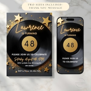 Vinyl Record Invite: Vintage 50Th Birthday Party Invite, Gold Retro Music Theme Celebration, Custom Printable Invitation VR