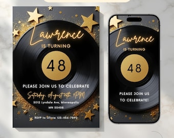 Vinyl Record Invite: Vintage 50Th Birthday Party Invite, Gold Retro Music Theme Celebration, Custom Printable Invitation VR
