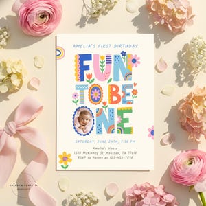 1St Birthday Editable Template with matching thank you tag, perfect for parents looking for a fun to be one invite with photo and easy drag and drop editing for a bright and cheerful first birthday girl party invitation.