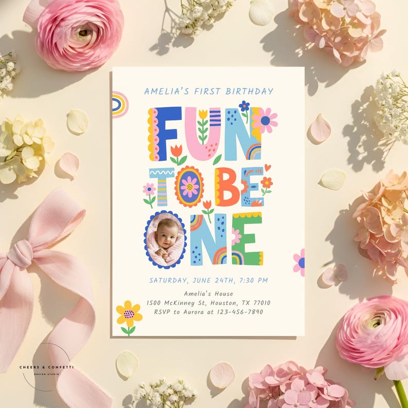 1St Birthday Editable Template with matching thank you tag, perfect for parents looking for a fun to be one invite with photo and easy drag and drop editing for a bright and cheerful first birthday girl party invitation.