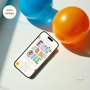 Bright and playful fun to be one evite for girls with editable photo invitation design, colorful 1st birthday editable template, phone invite included, and thank you tag included for a coordinated first birthday celebration.