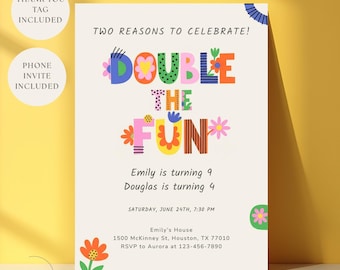 Double Birthday Invitation For 2 Kids, Editable Party Invite, Siblings Printable Template, Instant Download Pdf (Digital Download)