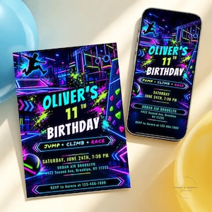 May include: A neon-themed birthday invitation card and a smartphone displaying the same digital invitation. The design features a dark background with glowing blue, pink, and green accents, a silhouette of a person jumping, and text reading Oliver's 11th Birthday, Jump, Climb, Race, Saturday, June 24th, 7:30 PM, Urban Air Brooklyn, 4422 Second Ave, Brooklyn, NY 11232, and RSVP to Aurora at 123-456-7890.
