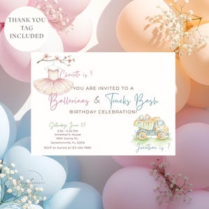 Siblings Ballerina Construction Invite, Template For Twin Birthday Celebration, Dump Truck & Tutu Bash, Joint Party, Double Birthday