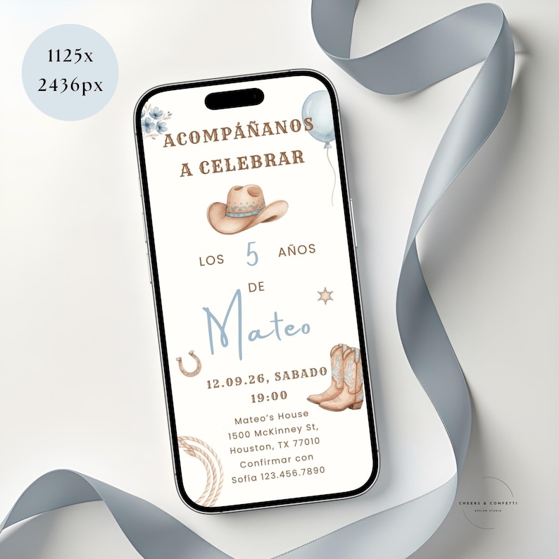 Boy and horse Mexican birthday invitation with a rustic cowboy theme, perfect as a western equestrian kids party invite and horse-themed phone invitation for a little cowboy.