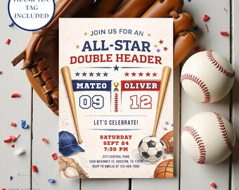 Puede incluir: Invitación con temática de béisbol con el texto "Join us for an All-Star Double Header". La invitación presenta bates de béisbol, un guante de béisbol, pelotas de béisbol, un balón de fútbol y una gorra de béisbol. La invitación incluye la fecha, la hora y el lugar.