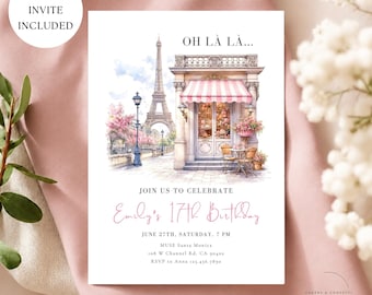 May include: A rectangular birthday invitation card featuring a watercolor illustration of the Eiffel Tower and a Parisian storefront with a pink striped awning. The text reads OH LÀ LÀ, JOIN US TO CELEBRATE, Emily's 17th Birthday, JUNE 27TH, SATURDAY, 7 PM.