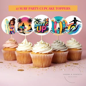 Beach Party Cupcake Topper | Surf&#39;s Up Birthday Decorations | Tropical | Surfboard | Waves | Printable Cupcake Toppers | Instant I SURFG